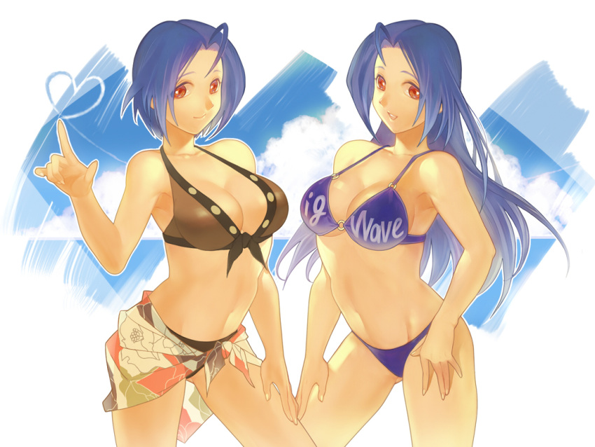 ahoge, bikini, blue_hair, breasts, character_request, cleavage, dedede, dual_persona