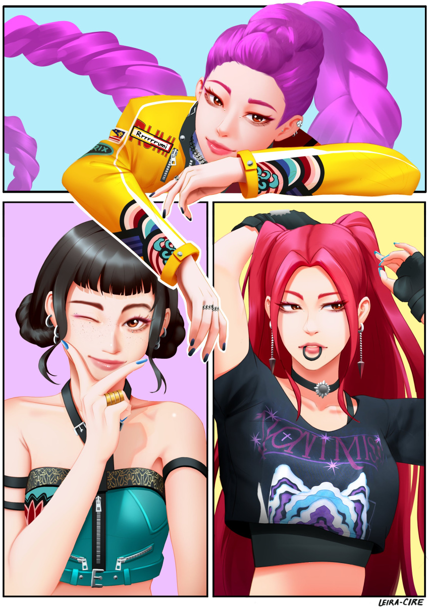 3girls, absurdres, artist_name, black_nails, blue_nails, braid, braided_ponytail, brown_eyes