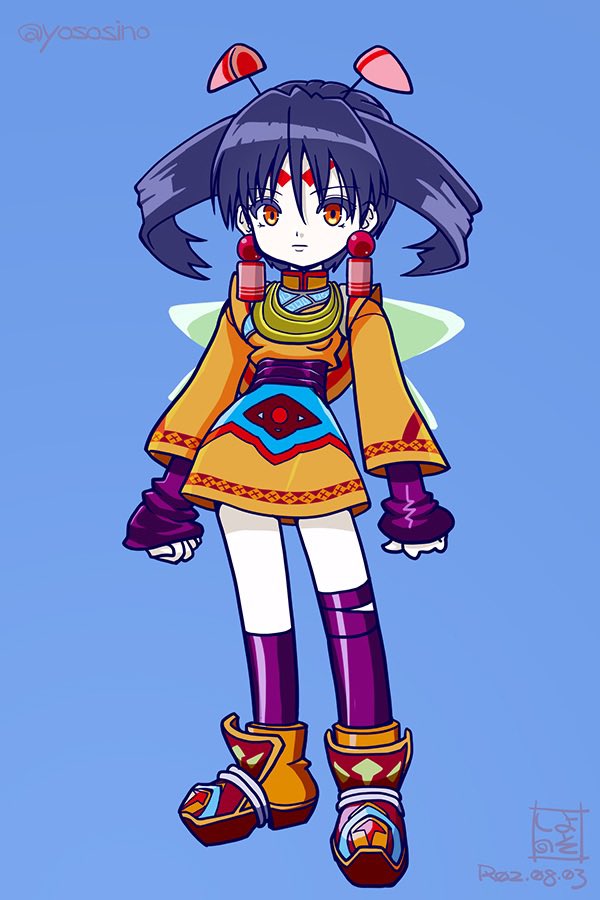 1girl, antennae, blue_hair, closed_mouth, dated, dress, earrings, facial_mark