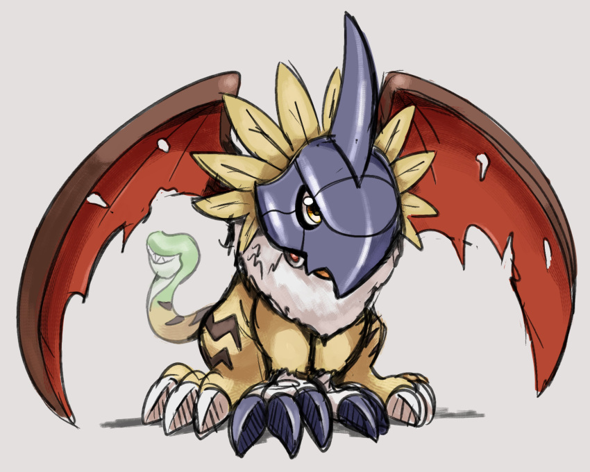 absurdres, black_wings, blonde_hair, digimon, digimon_(creature), full_body, helmet, highres
