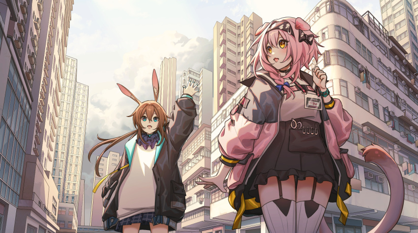 2girls, :d, amiya_(arknights), animal_ears, arknights, arm_up, ascot, black_bow