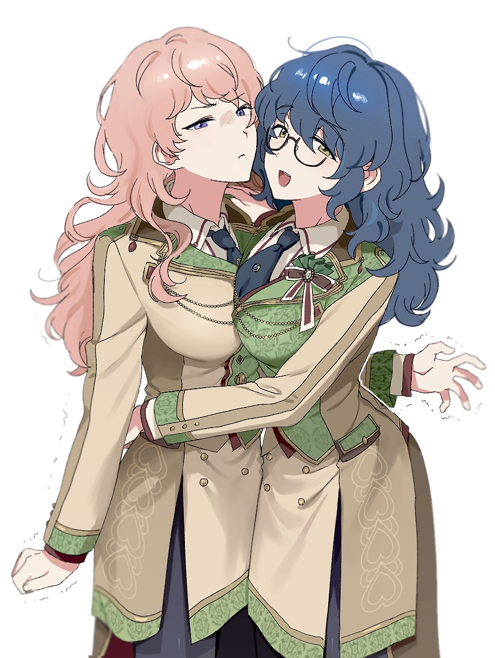2girls, aoba_tsumugi, blend+_(ensemble_stars!), blue_hair, bow, bowtie, buttons, collar