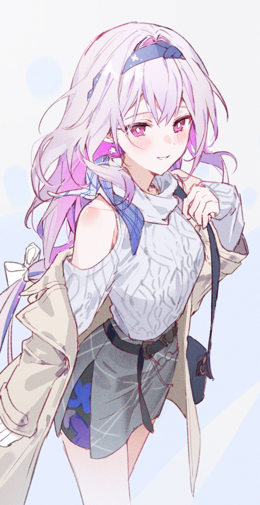 1girl, absurdres, bag, belt, black_hairband, brown_jacket, castorice_(honkai:_star_rail), castorice_(luckin_coffee)_(honkai:_star_rail)