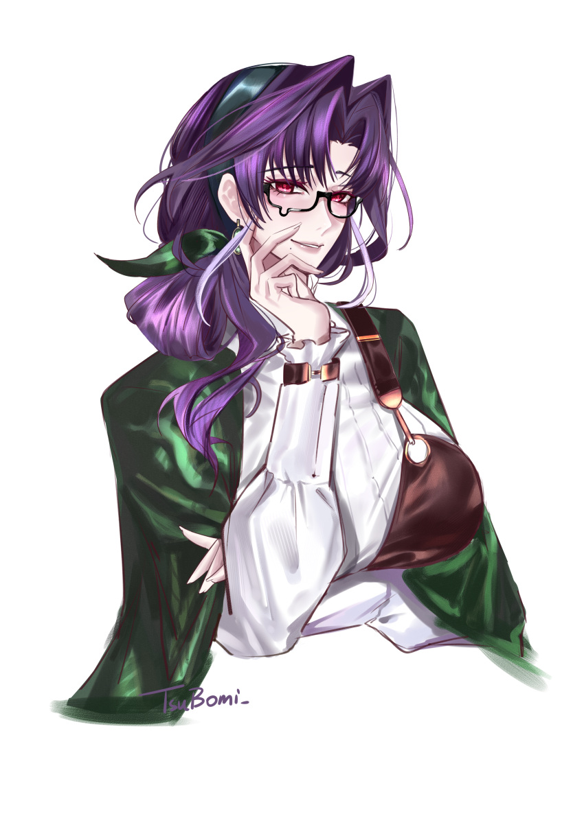 1girl, absurdres, apron, black-framed_eyewear, breasts, chinese_commentary, commentary, cropped_torso