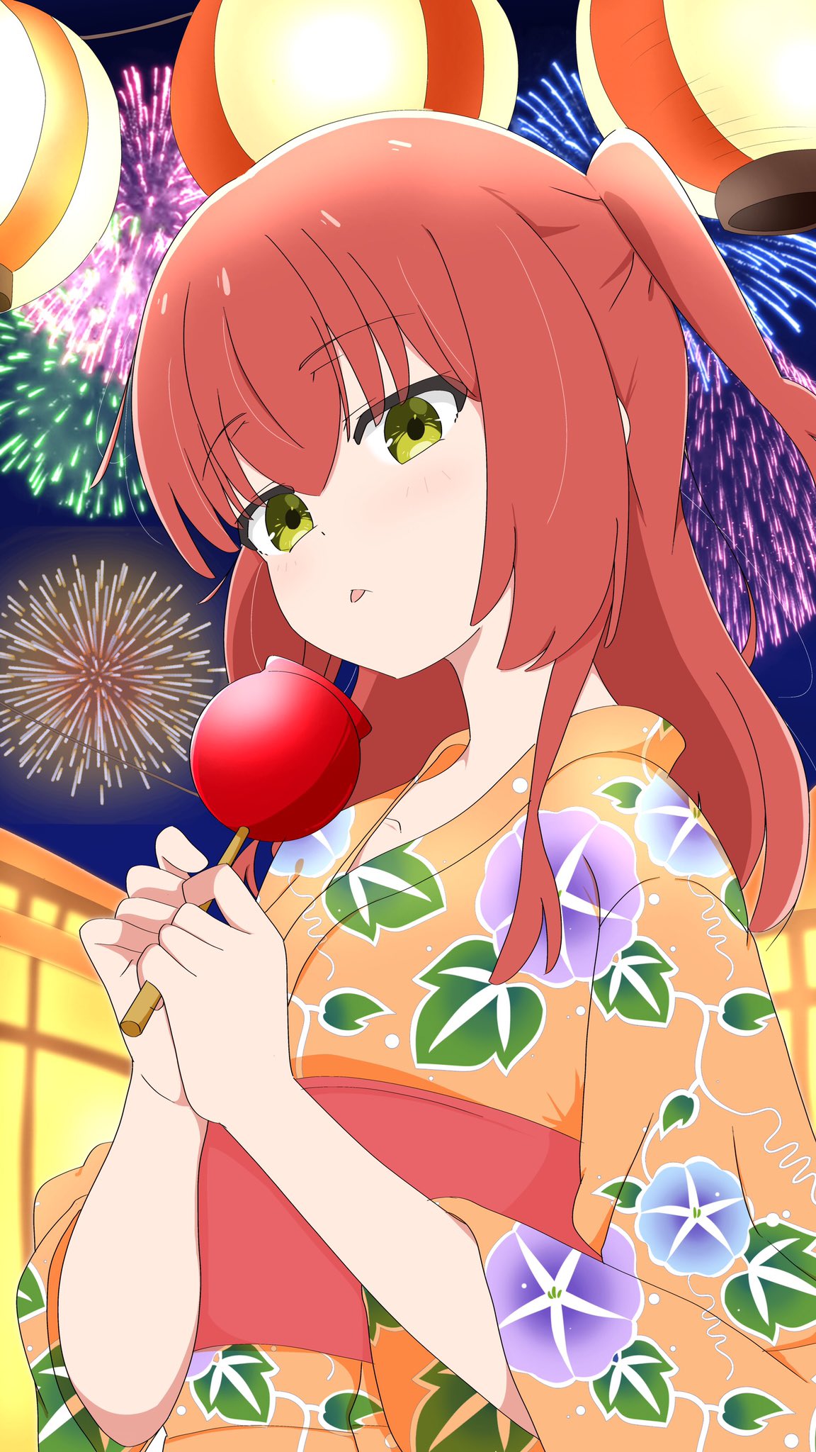 1girl, aerial_fireworks, awaco_ruku, bocchi_the_rock!, candy_apple, closed_mouth, eyes_visible_through_hair, festival