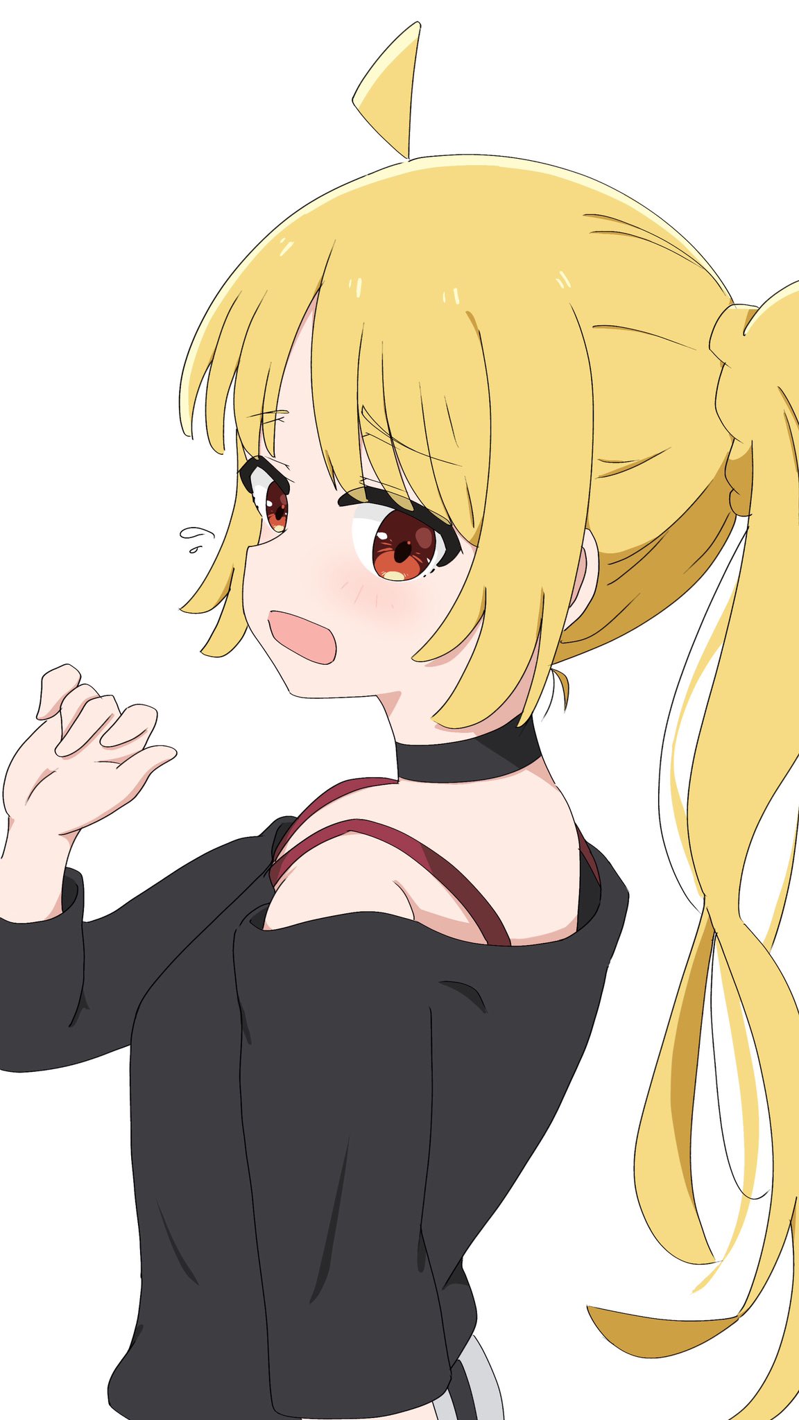 ahoge, awaco_ruku, black_choker, black_shirt, blonde_hair, blunt_bangs, bocchi_the_rock!, choker, cosplay, detached_ahoge, embarrassed, from_side, highres, ijichi_nijika, ijichi_seika, ijichi_seika_(cosplay), long_sleeves, looking_at_viewer, navel, one_side_up, open_mouth, pants, ponytail, shirt, side_ponytail, simple_background, striped_clothes, striped_pants, white_background