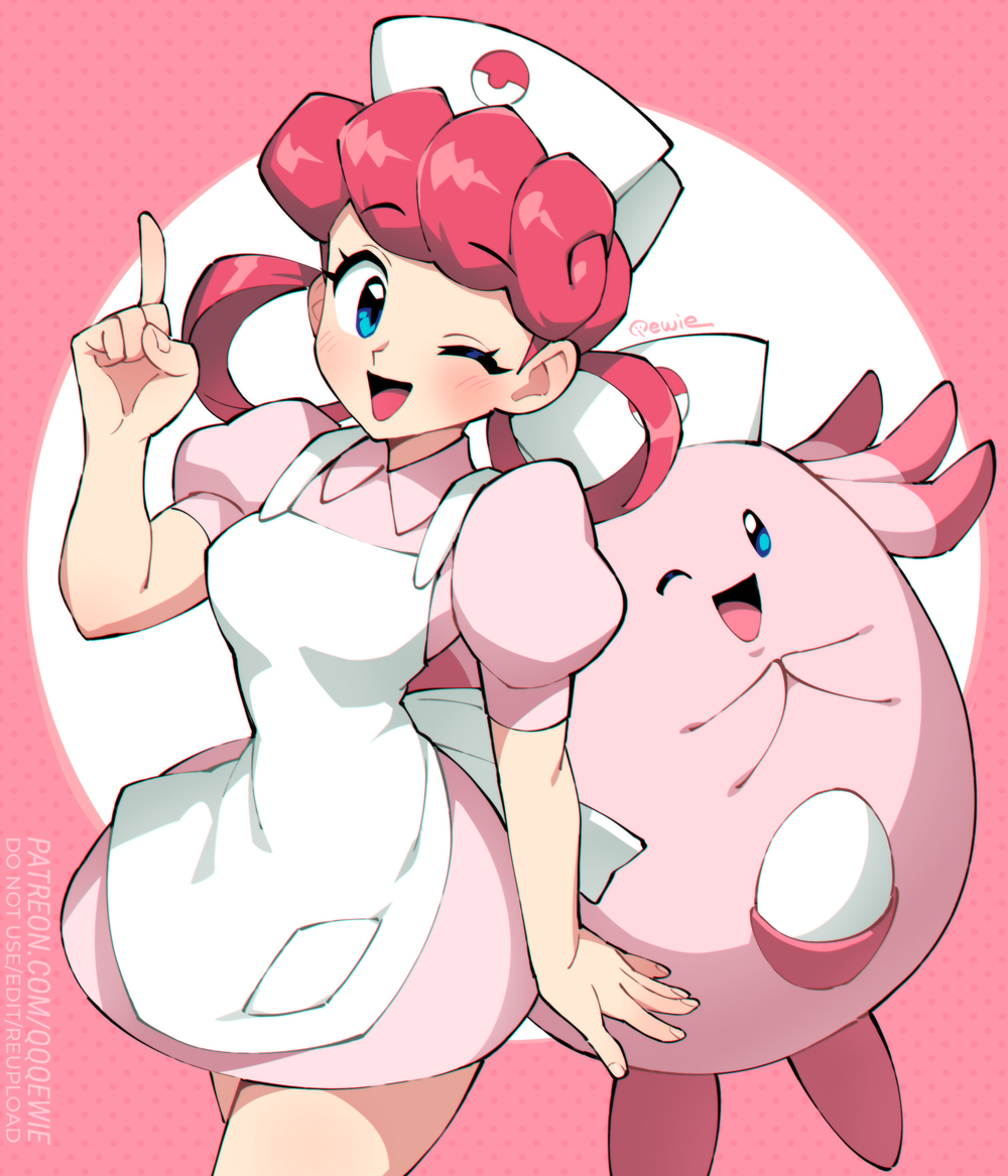 1girl, 333_(dqqqdle), ;d, apron, artist_name, blue_eyes, chansey, dress