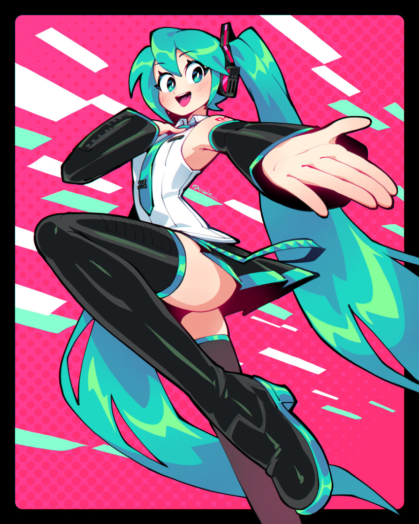 1girl, 333_(dqqqdle), aqua_eyes, aqua_hair, armpit_peek, bare_shoulders, black_border, blush