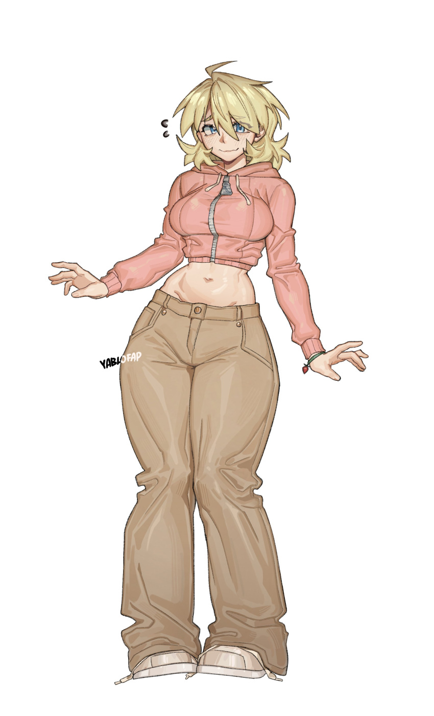 1girl, absurdres, alohapz, blonde_hair, blue_eyes, blush, bracelet, breasts, brown_pants, closed_mouth, cropped_hoodie, full_body, hellsing, highres, hood, hood_down, hoodie, jewelry, large_breasts, long_sleeves, navel, pants, pink_hoodie, seras_victoria, shoes, short_hair, sneakers, solo, wavy_mouth, white_shoes
