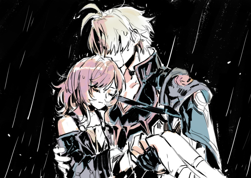 1boy, 1girl, ahoge, anchealcjiea, black_background, black_coat, black_gloves, carrying