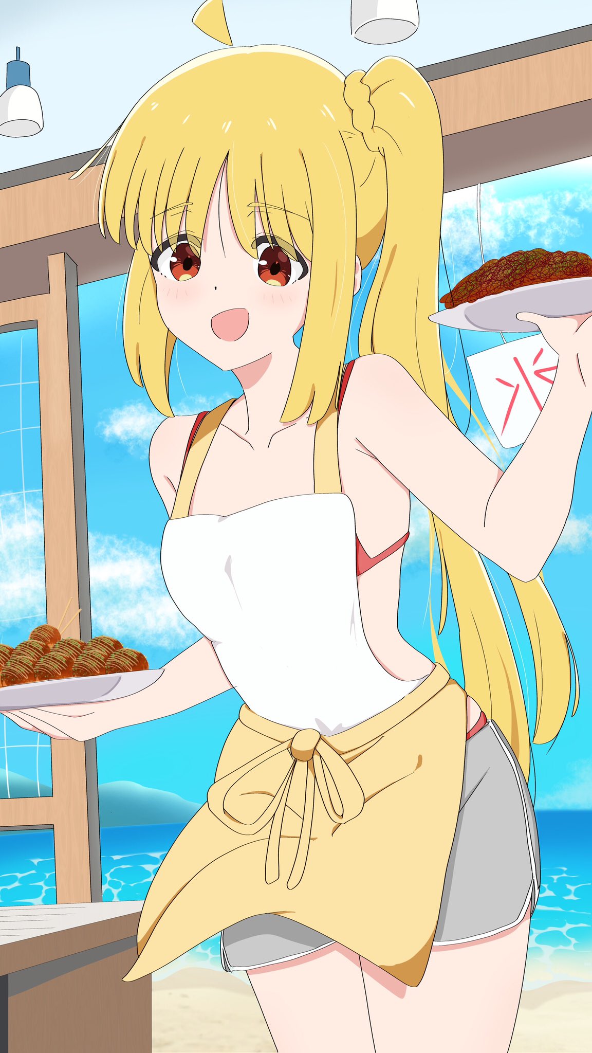 1girl, :d, ahoge, apron, awaco_ruku, beach, bikini, blonde_hair