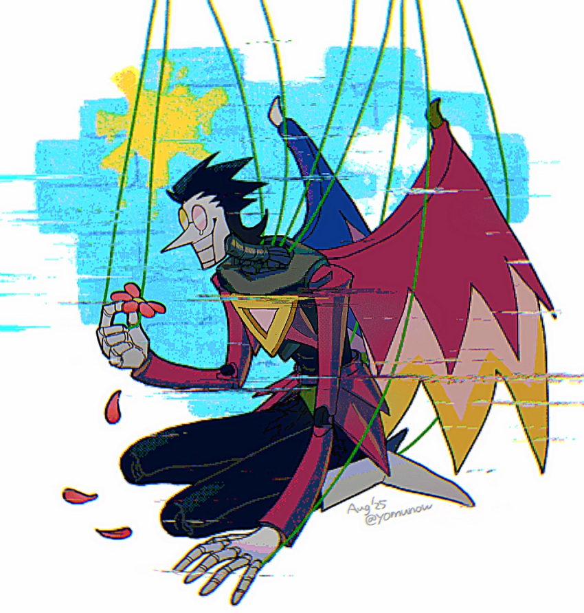 1boy, black_hair, boots, commentary, dated, deltarune, doll_joints, falling_petals