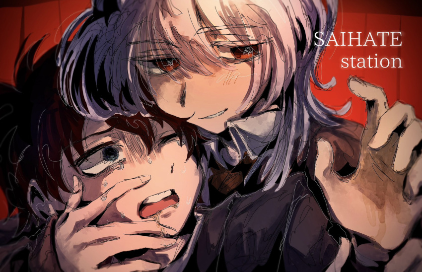 2boys, @_@, akinashi_haru, black_hair, blazer, blue_eyes, blunt_bangs, blush