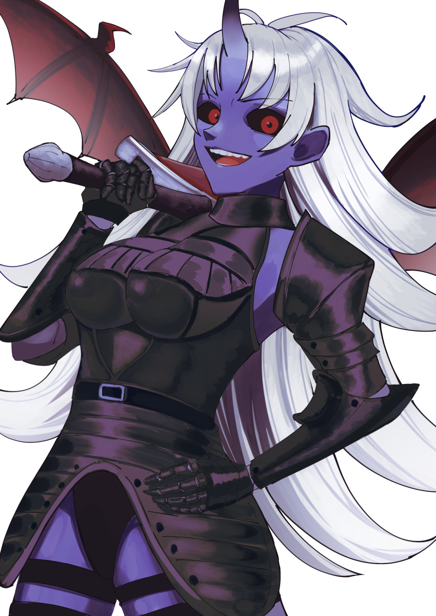 absurdres, armor, atoferatofe_rybak, bat_wings, black_sclera, blue_skin, colored_sclera, colored_skin, copyright_request, highres, holding, holding_sword, holding_weapon, horns, long_hair, red_eyes, shirai_kyushin, single_horn, sword, weapon, white_hair, wings
