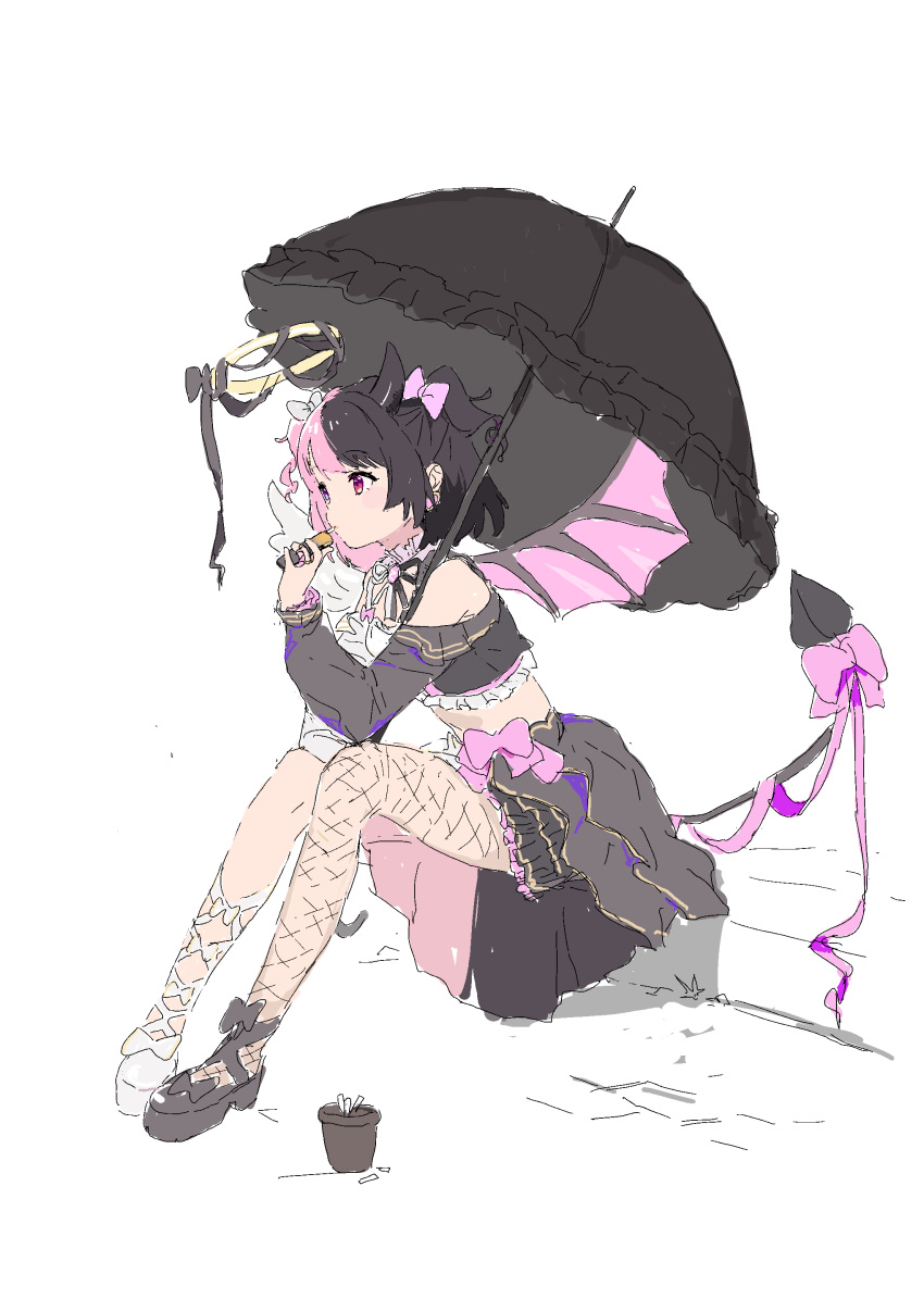 1girl, absurdres, amaki_pururu, angel_wings, asymmetrical_wings, black_hair, black_skirt, black_umbrella