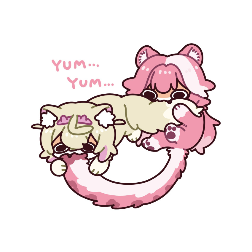 2girls, :3, absurdres, animal_ear_fluff, animal_ears, animal_hands, animalization, biting_another's_tail