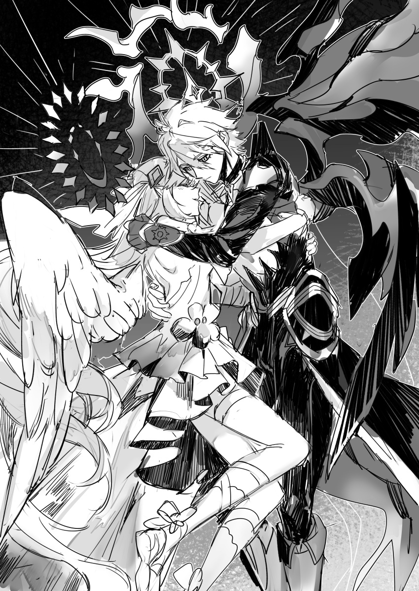 1boy, 1girl, absurdres, anchealcjiea, angel_wings, chinese_commentary, commentary_request, cyrene_(honkai:_star_rail)