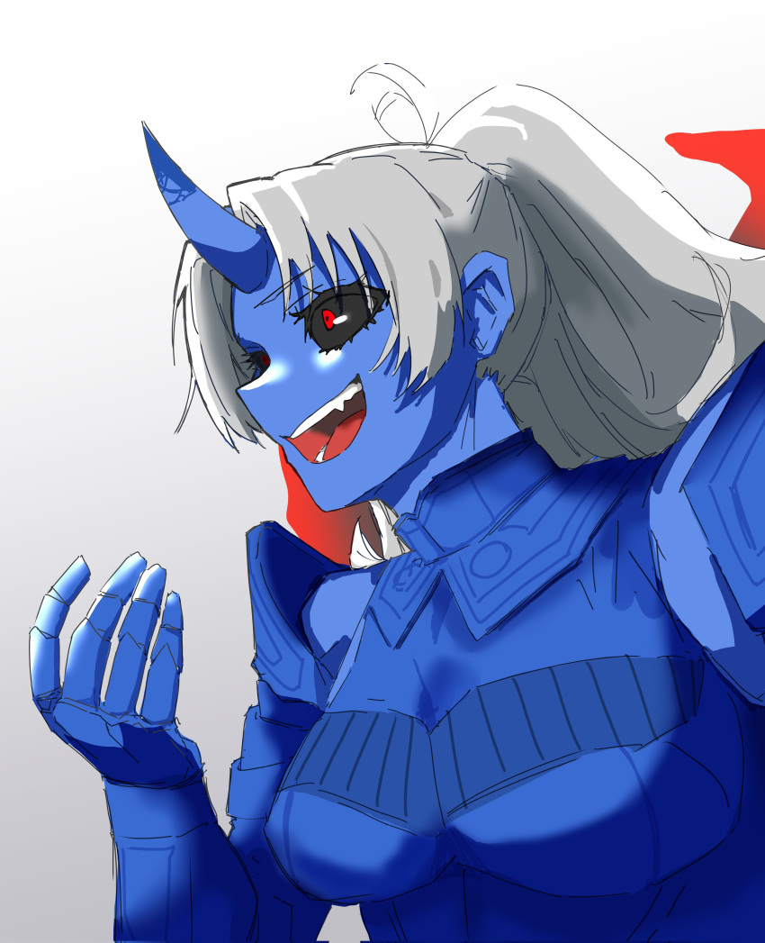 absurdres, armor, atoferatofe_rybak, black_sclera, blue_skin, colored_sclera, colored_skin, crazy_smile