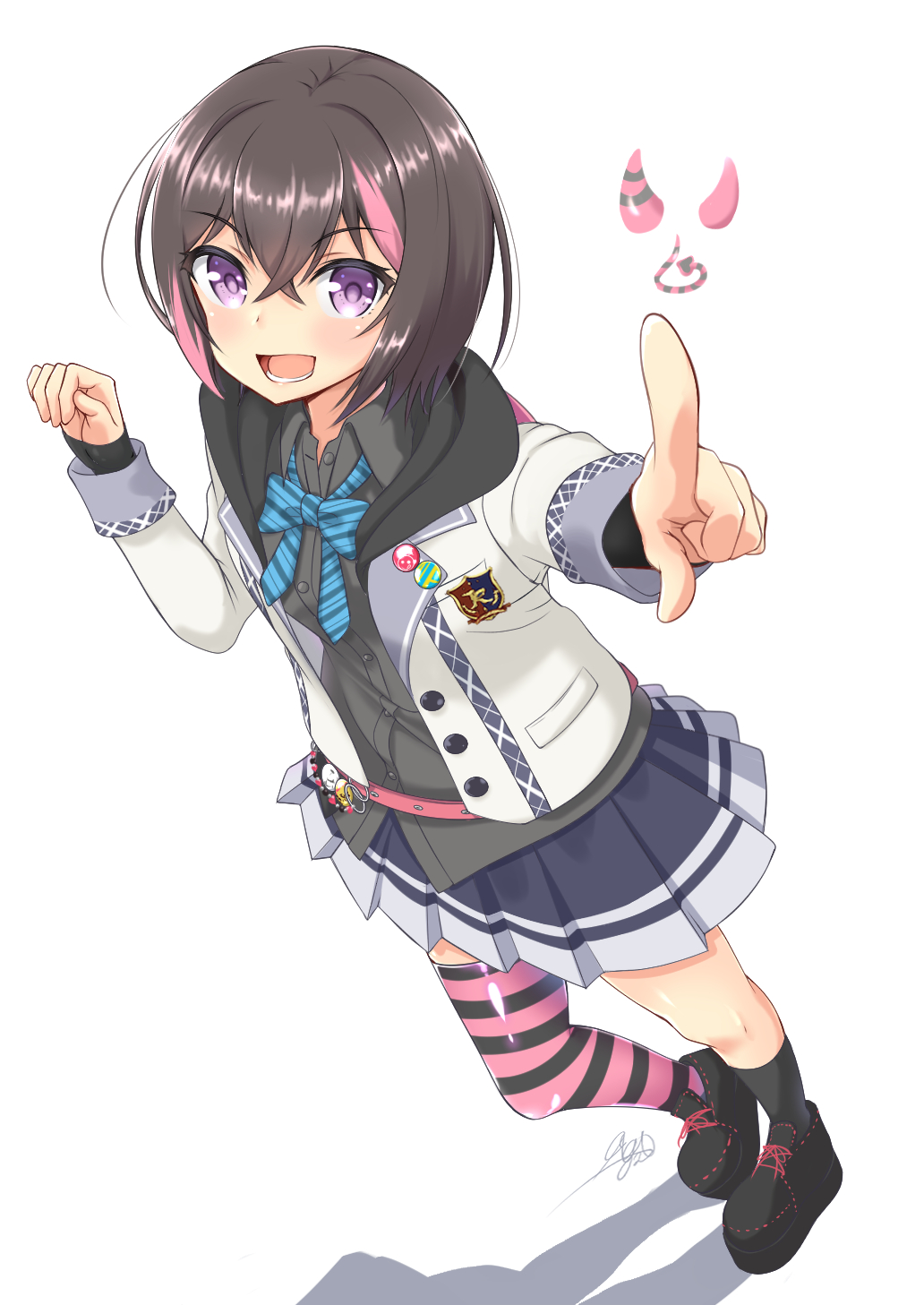 1girl, argentum_2o, asymmetrical_legwear, belt, black_hair, black_shirt, black_skirt, black_socks