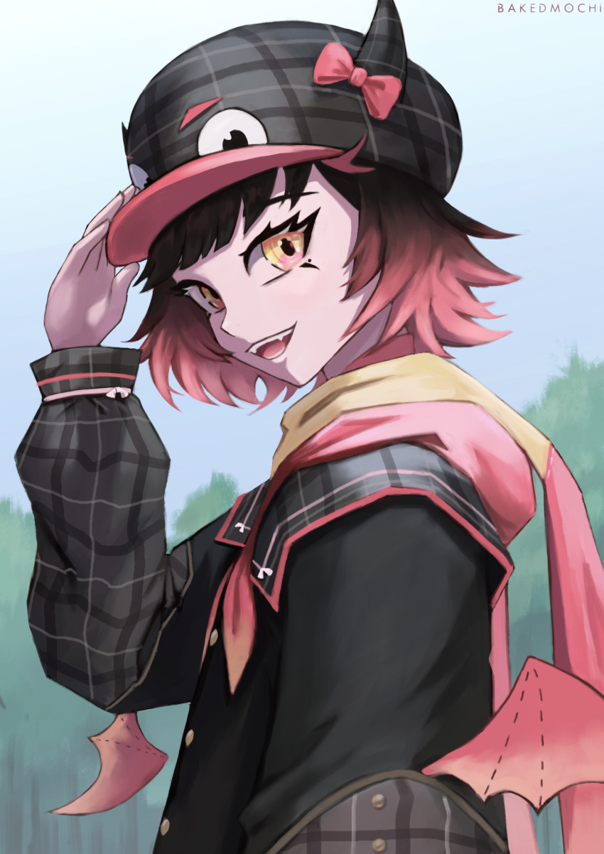 1girl, adjusting_clothes, adjusting_headwear, artist_name, bakedmochi, black_hat, bow, buttons