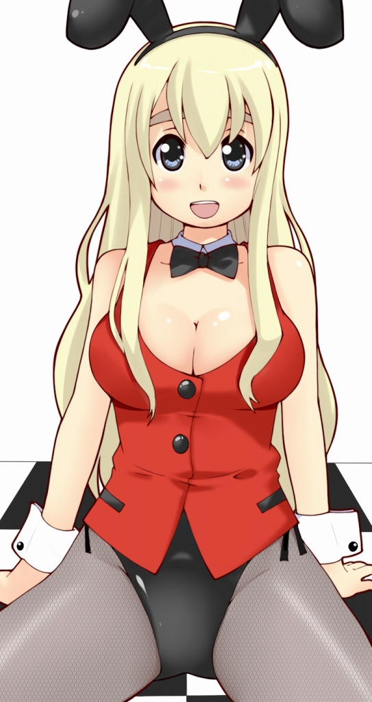 animal_ears, blonde_hair, blue_eyes, bowtie, breasts, bunny_ears, bunnysuit, cleavage
