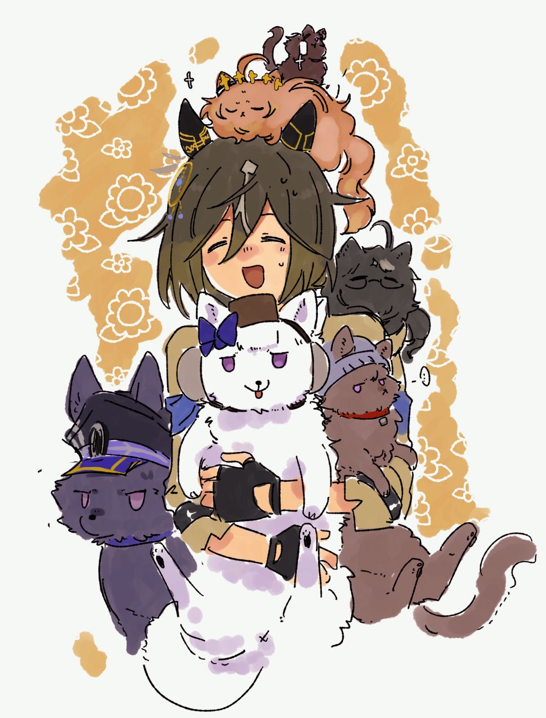 1girl, ahoge, animal, animal_collar, animal_ears, animalization, black_cat, black_fur