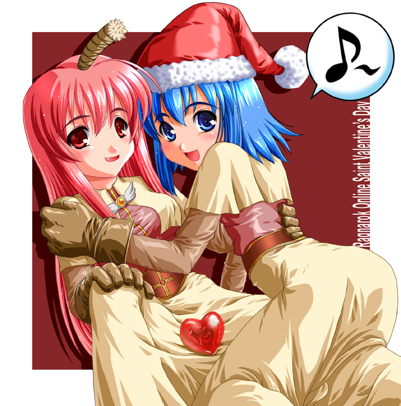 2000s_(style), 2girls, acolyte_(ragnarok_online), blue_eyes, blue_hair, blush, bow, breasts