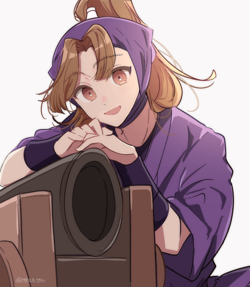 1boy, brown_eyes, cannon, high_ponytail, highres, long_hair, looking_at_viewer, male_focus