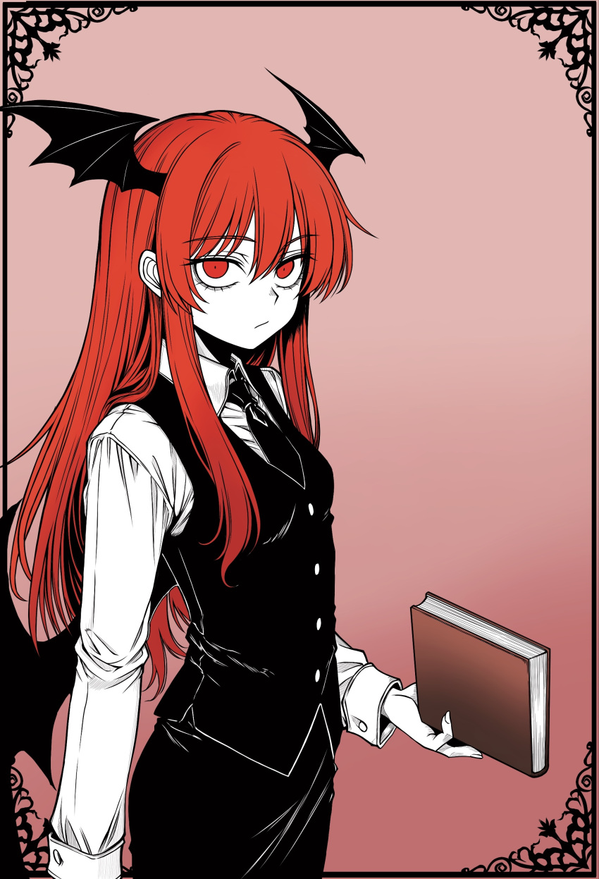1girl, :/, absurdres, black_skirt, black_vest, book, breasts, buttons