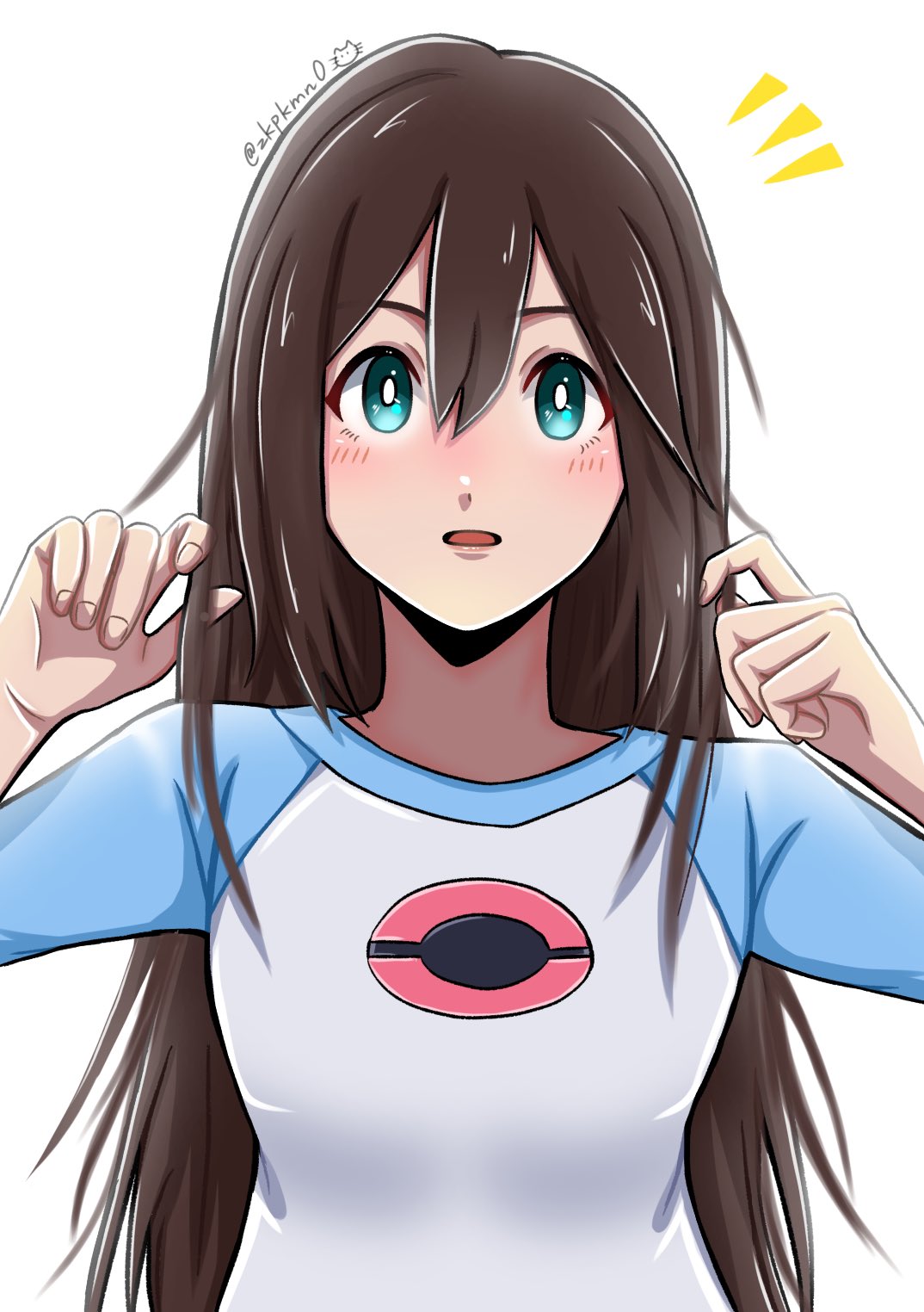 1girl, blue_eyes, brown_hair, hair_down, highres, jacket, long_hair, long_sleeves, looking_at_viewer, open_clothes, open_mouth, pokemon, pokemon_bw2, rosa_(pokemon), school_uniform, shirt, simple_background, skirt, solo, upper_body, white_background, white_shirt, zakku_(zkpkmn0)
