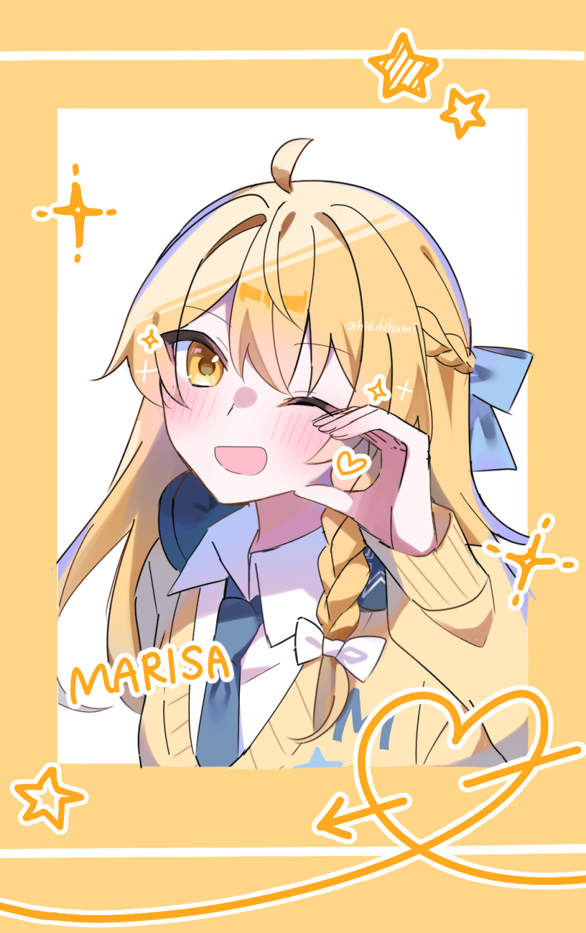 1girl, ahoge, alt_text, alternate_costume, alternate_hairstyle, blonde_hair, blue_bow, blue_necktie
