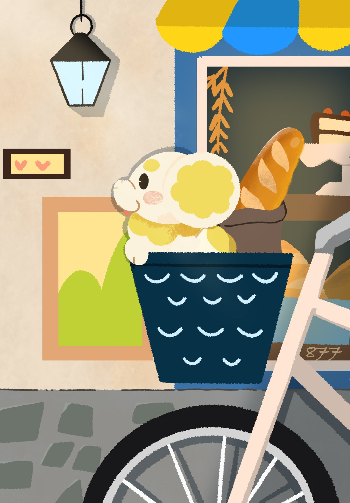 animal_focus, baguette, basket, bicycle, bicycle_basket, blush, bread, cake