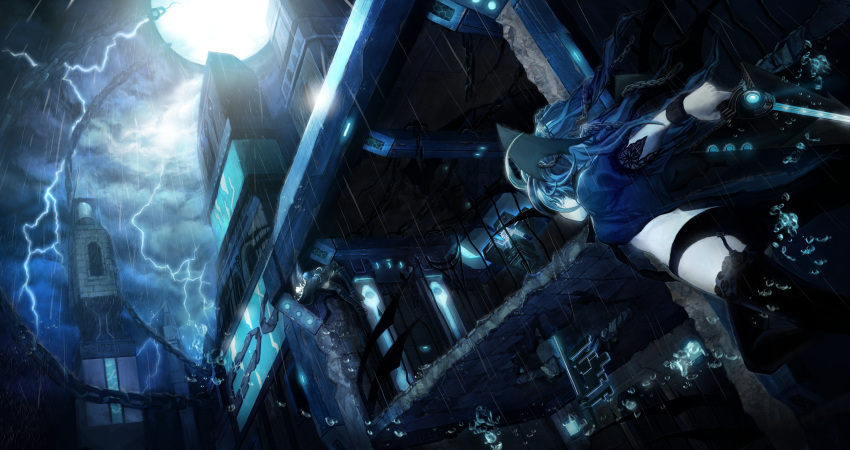 blue_hair, boots, lilith_(s4_league), long_hair, ophelia_(s4_league), rain, s4_league, sky, thigh-highs, thighhighs, weapon