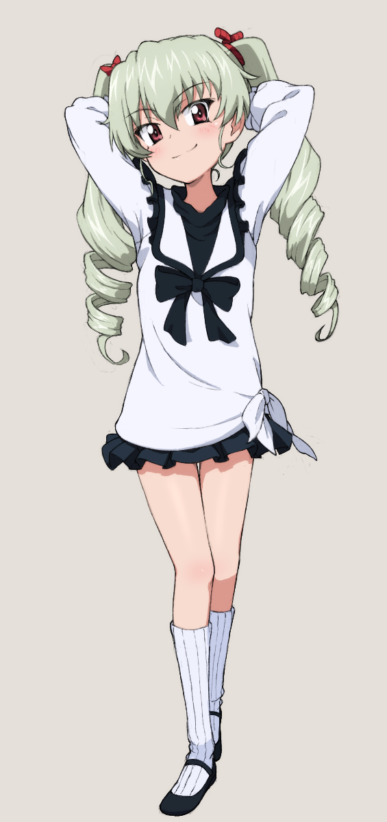 1girl, anchovy_(girls_und_panzer), arms_behind_head, black_bow, black_bowtie, black_shoes, black_skirt, blouse, bow, bowtie, brown_eyes, char's_counterattack, closed_mouth, collared_shirt, commentary_request, cosplay, drill_hair, flats, full_body, girls_und_panzer, green_hair, grey_background, gundam, hair_ribbon, highres, kayabakoro, long_hair, long_sleeves, looking_at_viewer, miniskirt, quess_paraya, quess_paraya_(cosplay), red_ribbon, ribbon, shirt, shoes, simple_background, skirt, smile, socks, solo, standing, tied_shirt, twin_drills, twintails, white_shirt, white_socks