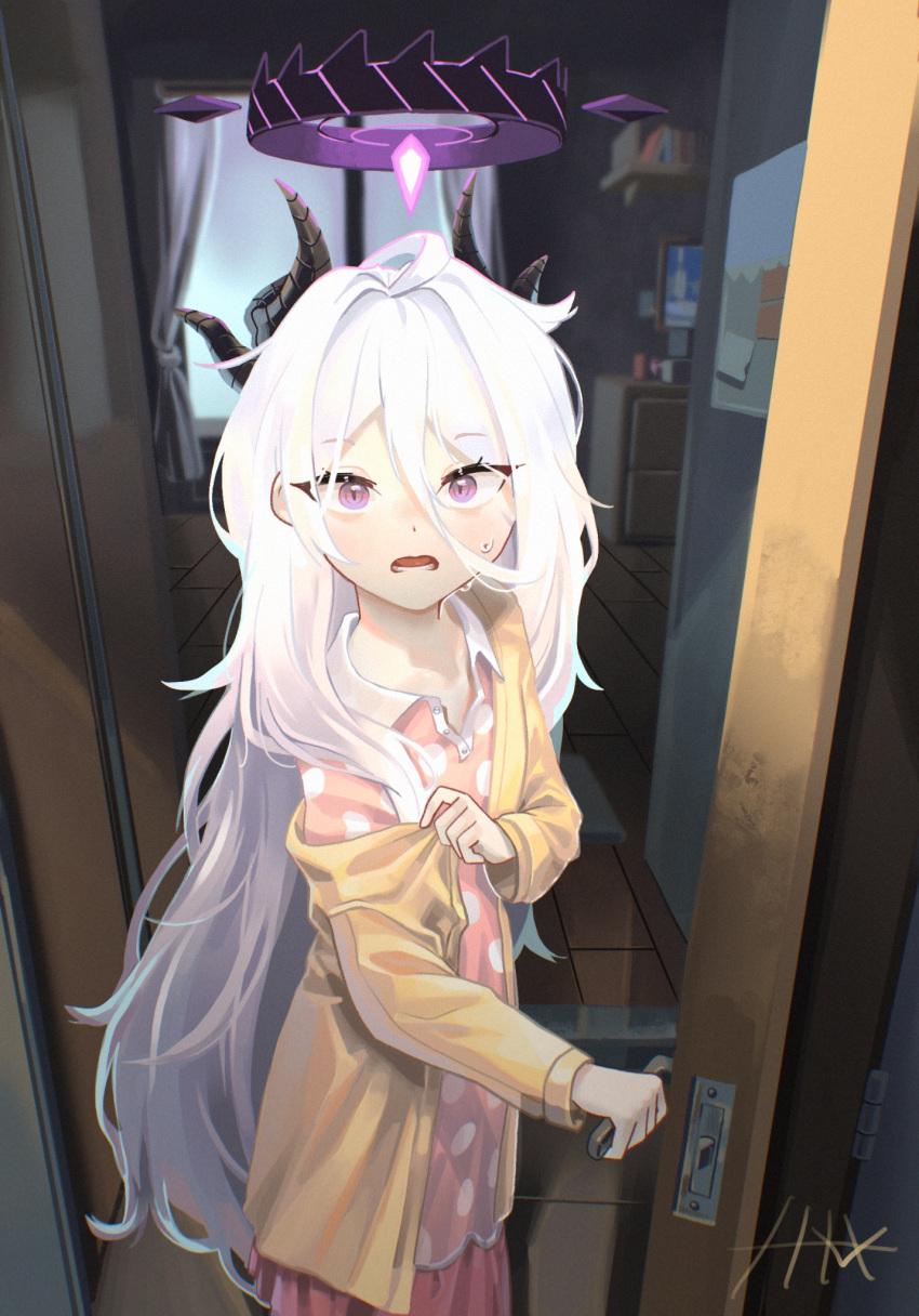 1girl, black_halo, black_horns, blue_archive, cardigan, demon_girl, demon_horns, door