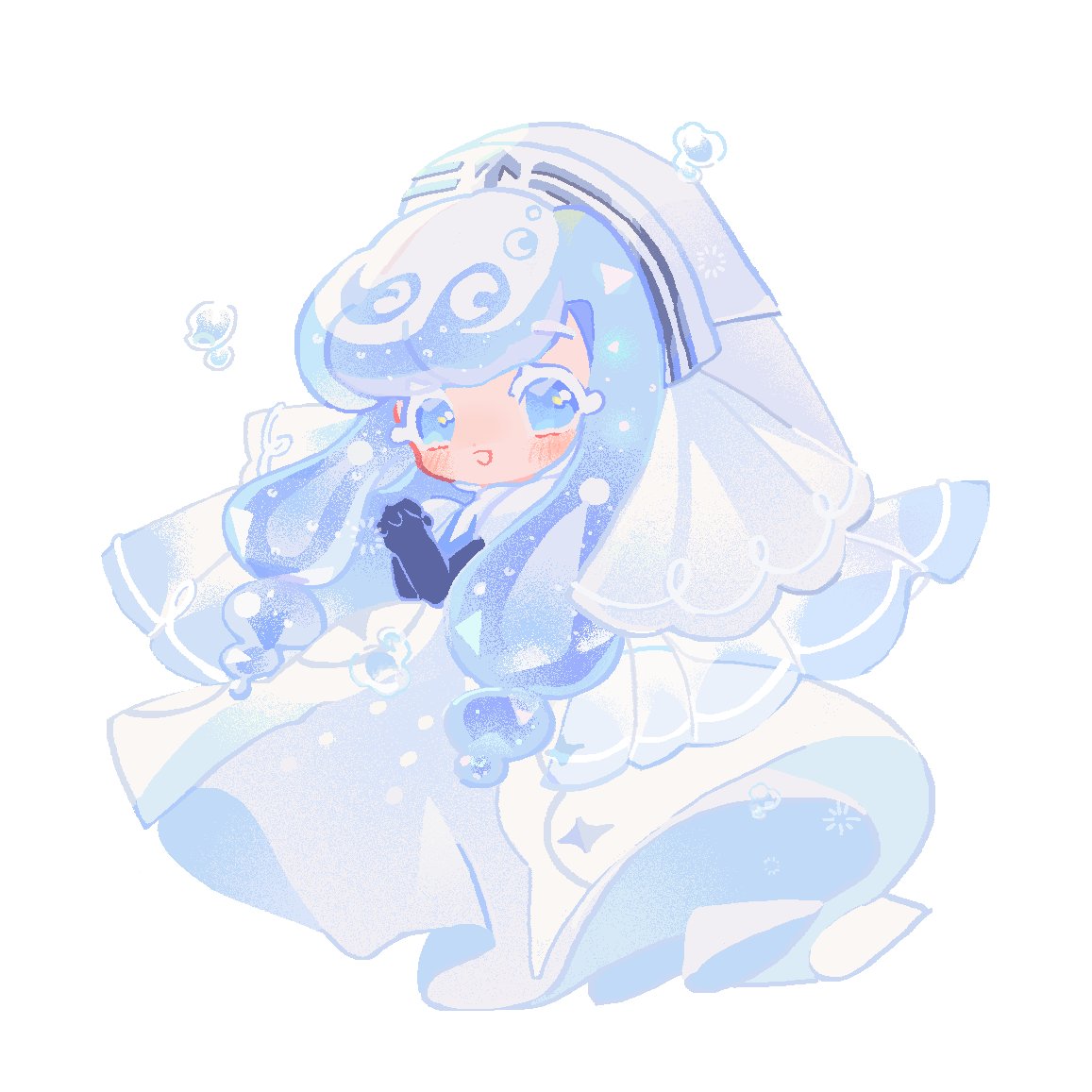 1girl, black_gloves, blue_eyes, blue_hair, blush, bubble, colored_eyelashes, cookie_run