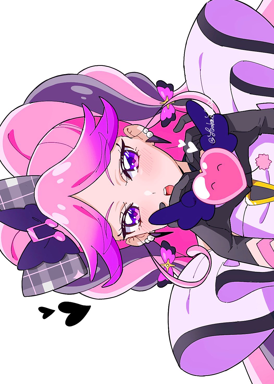 1girl, artist_name, black_gloves, black_hair, blush, braid, cure_kiss, diamond-shaped_brooch