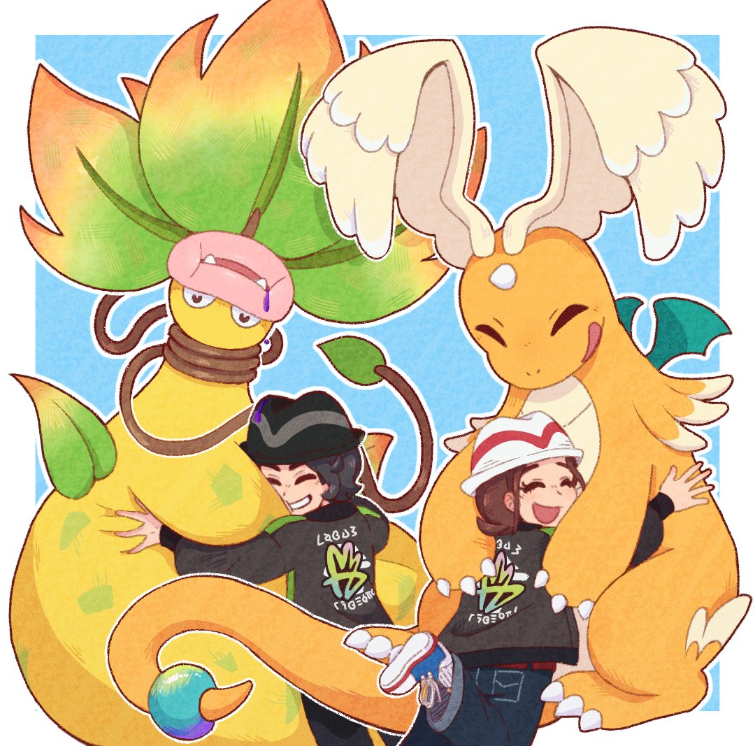 1boy, 1girl, black_hair, black_hat, blush, brown_hair, claws, closed_eyes
