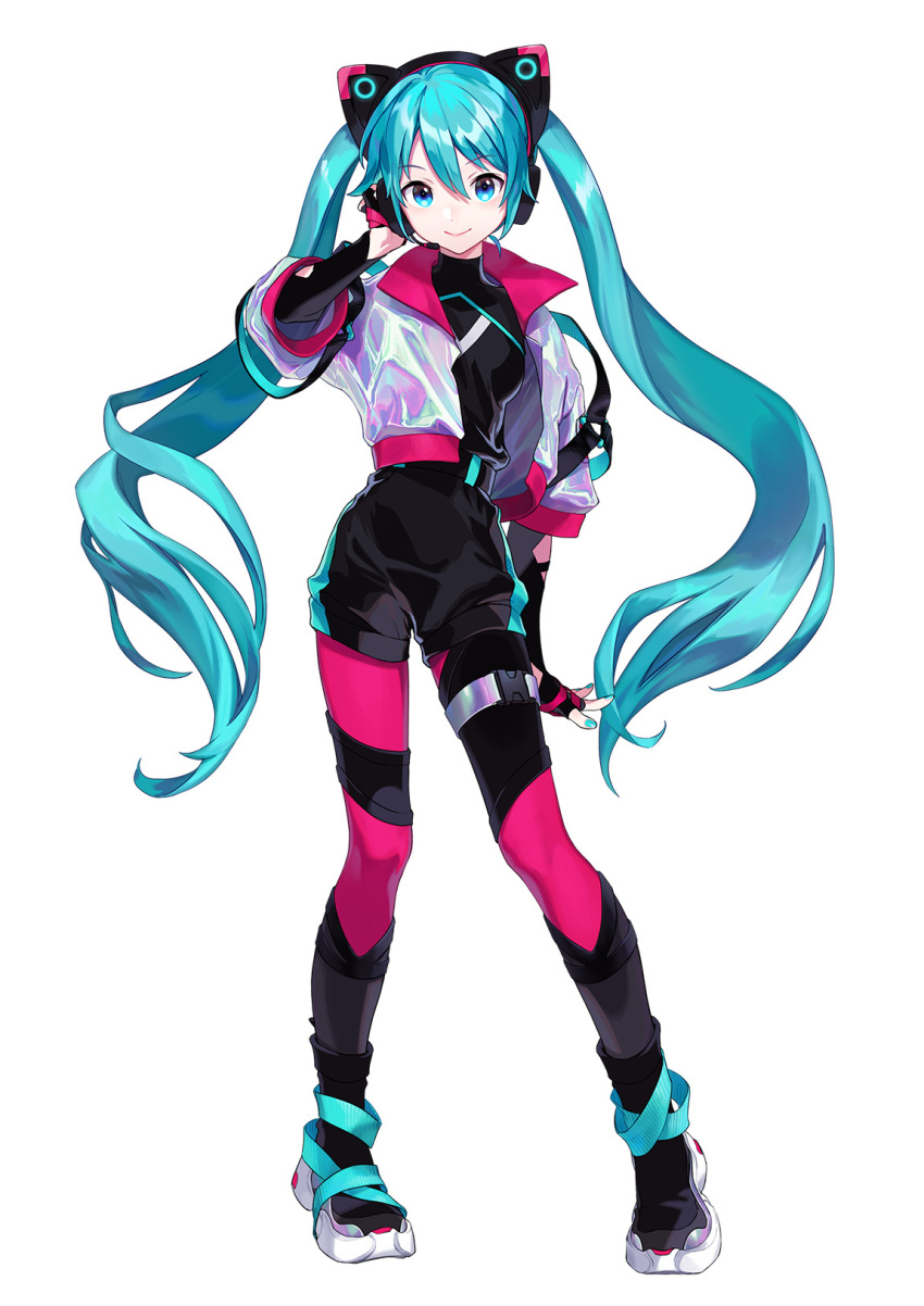 1girl, aqua_hair, hatsune_miku, highres, long_hair, official_alternate_costume, official_art, simple_background