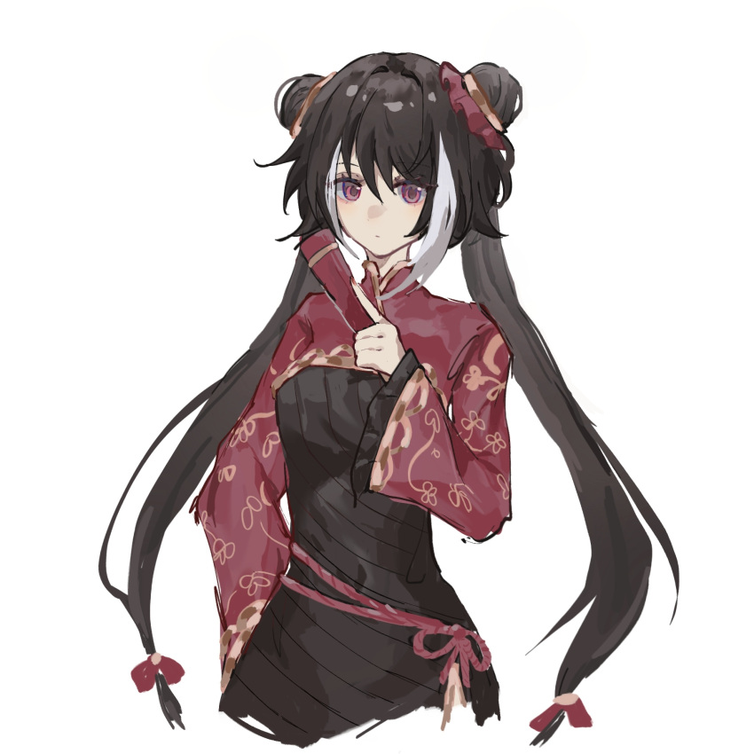 1girl, black_dress, black_hair, chinese_clothes, commentary_request, covered_navel, double_bun, dress