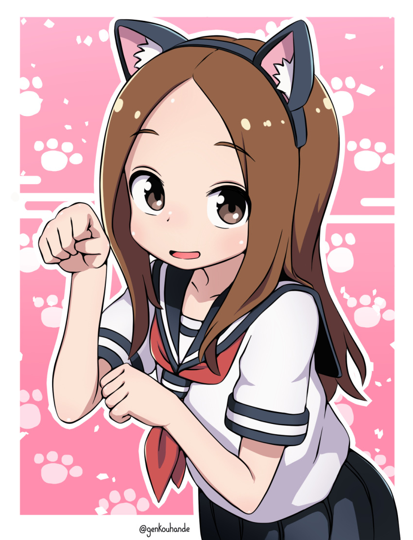 1girl, animal_ear_hairband, animal_ears, border, brown_eyes, brown_hair, cat_ears, collarbone, fake_animal_ears, genkouhande, hairband, highres, karakai_jouzu_no_takagi-san, long_hair, looking_at_viewer, neckerchief, open_mouth, paw_pose, pleated_skirt, red_neckerchief, sailor_collar, school_uniform, shirt, skirt, solo, takagi-san, white_border, white_shirt