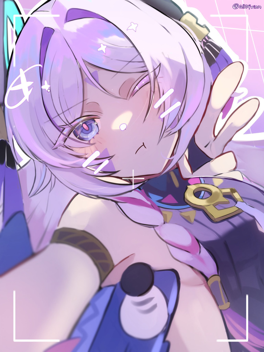 1girl, :t, a1104rinn, armband, blue_eyes, blush, braid, citlali_(genshin_impact), commentary, drawn_whiskers, facial_mark, floating_headgear, forehead_mark, genshin_impact, hair_intakes, headgear, highres, itzpapa_(genshin_impact), leotard, long_hair, looking_at_viewer, multicolored_hair, one_eye_closed, pink_hair, pink_pupils, portrait, pout, selfie, solo, symbol-only_commentary, triangle, triangle_facial_mark, twitter_username, v, viewfinder