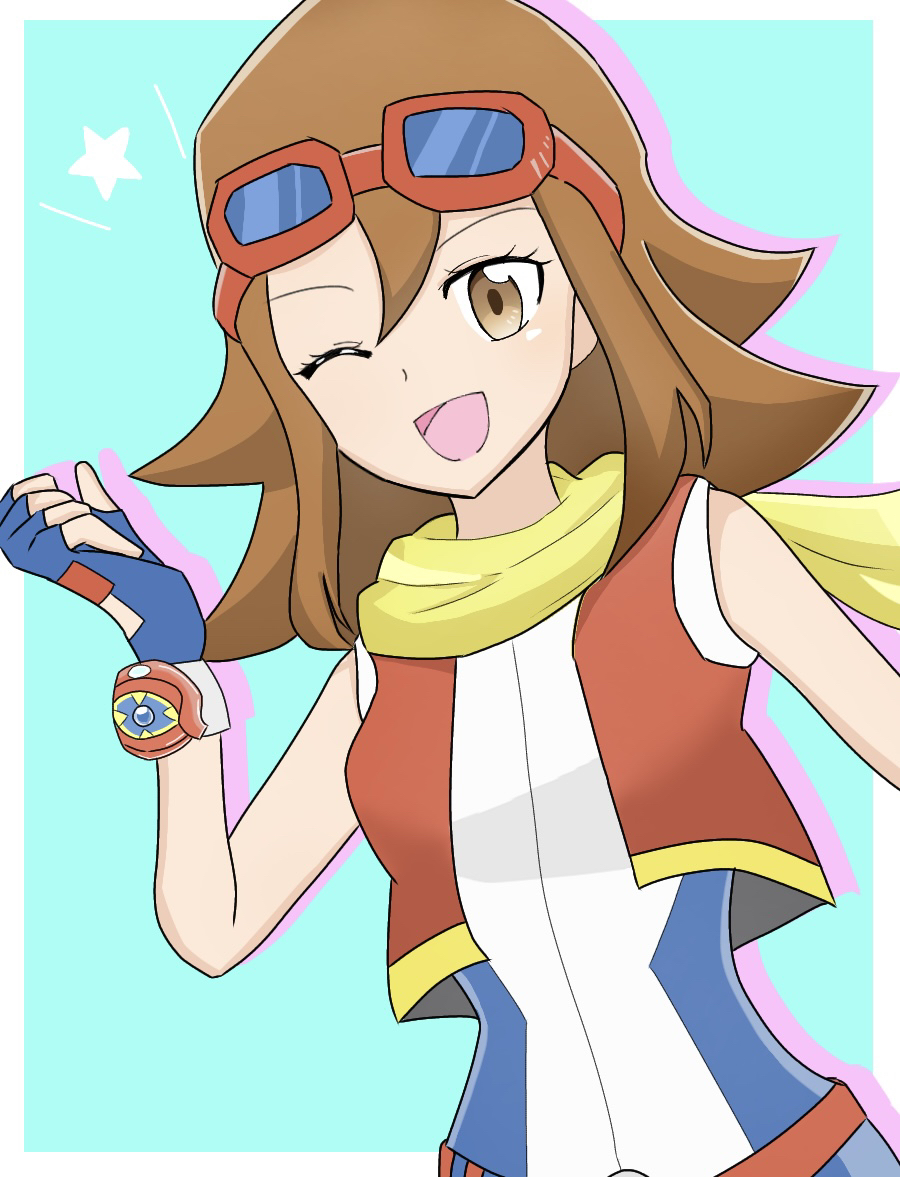 1girl, ;d, blue_background, blue_gloves, border, brown_eyes, brown_hair, commentary_request