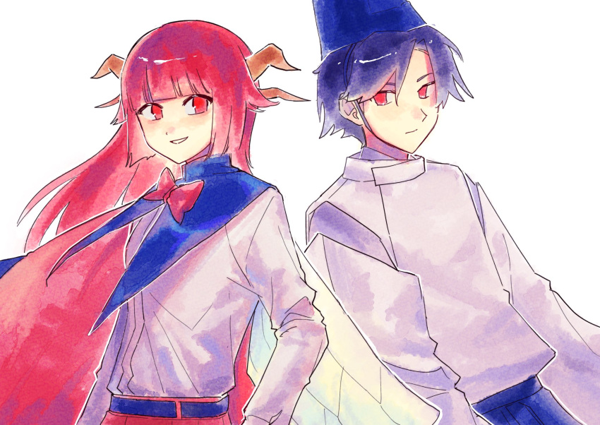 1boy, 1girl, belt, black_belt, blue_cape, blue_hair, blue_hakama, blue_hat