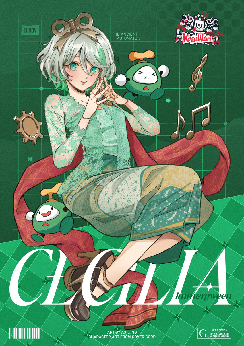 1girl, absurdres, aqil_ng, brown_shoes, cecilia_immergreen, colored_inner_hair, doll_joints, green_background