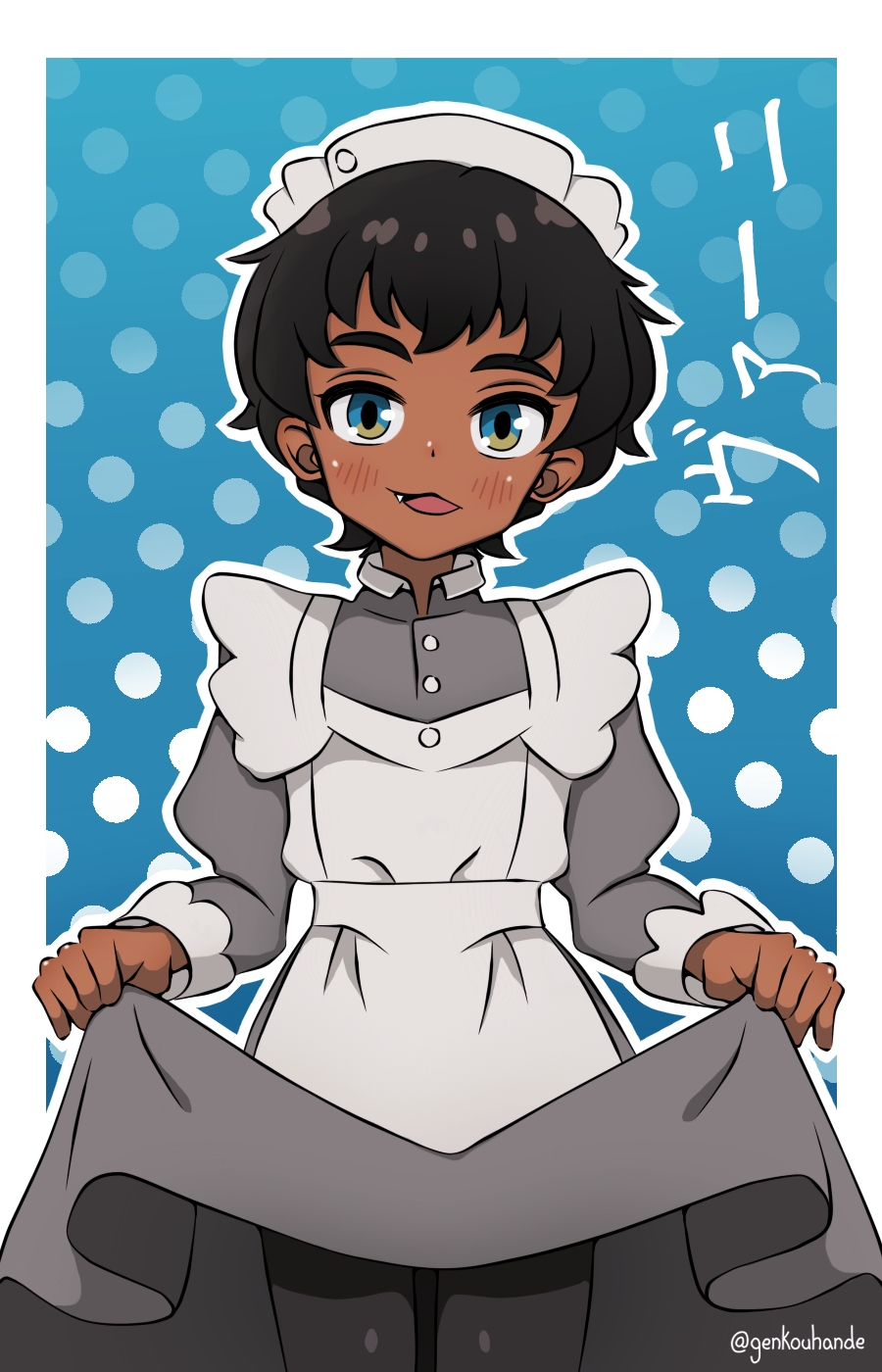 1girl, black_hair, black_pantyhose, blush, border, dark-skinned_female, dark_skin, dress
