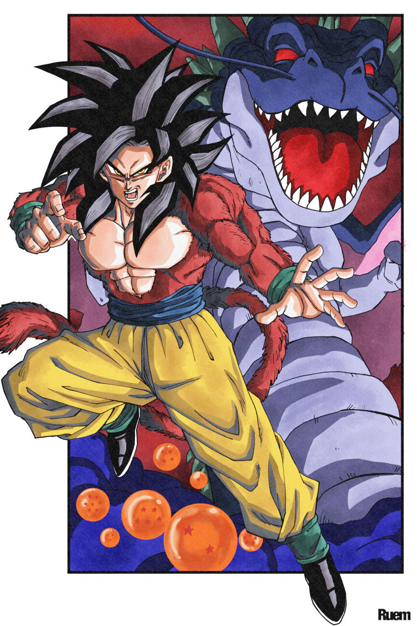 1boy, absurdres, black_hair, black_smoke_shenron, blue_sash, body_fur, dougi, dragon