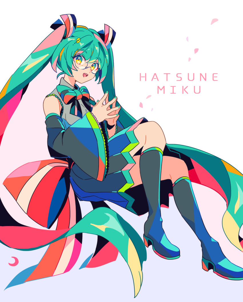 1girl, bespectacled, bow, character_name, commentary_request, detached_sleeves, glasses, green_hair, green_nails, hatsune_miku, highres, long_hair, looking_at_viewer, mizuki_tsukimori, open_mouth, petals, pleated_skirt, skirt, solo, striped_bow, twintails, very_long_hair, vocaloid, white_background