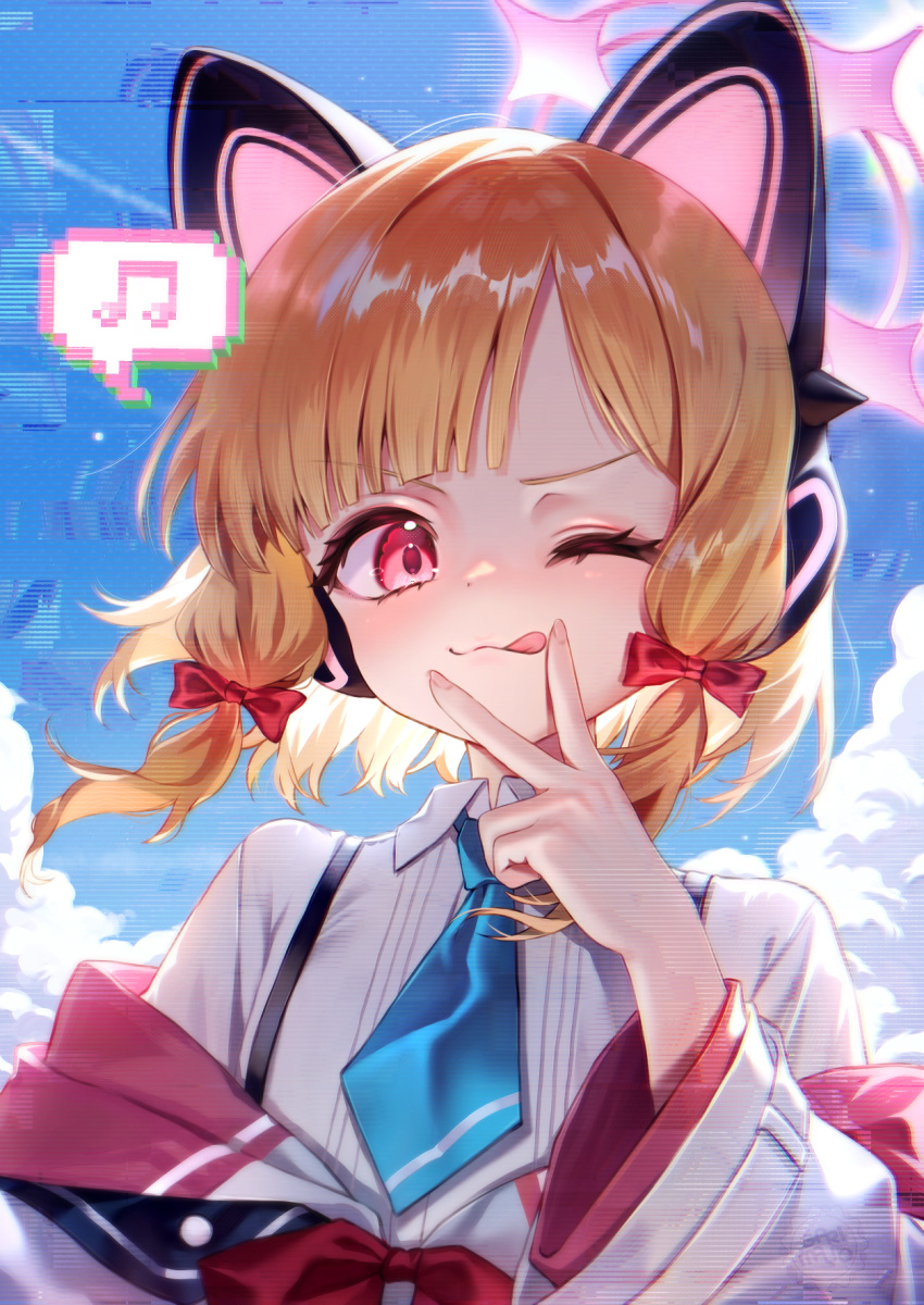 1girl, animal_ear_headphones, animal_ears, blue_archive, blue_necktie, bow, cat_ear_headphones, closed_mouth