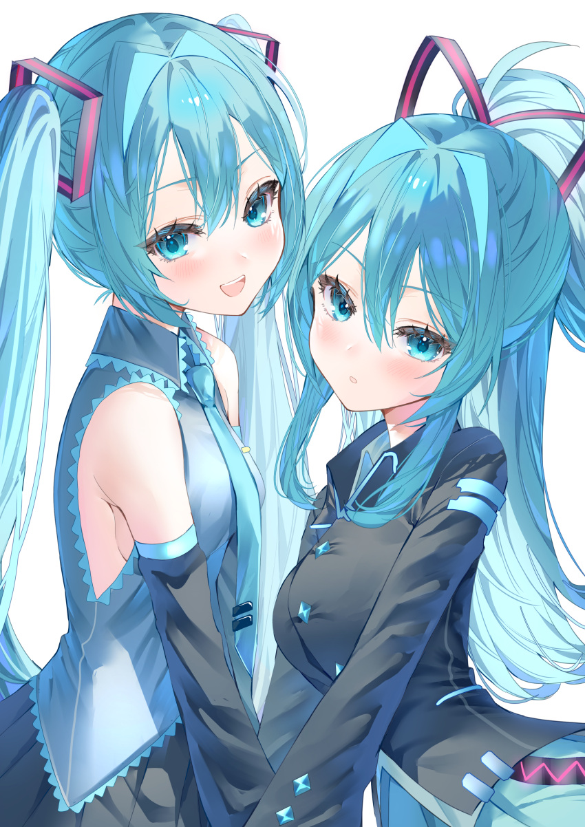 2girls, absurdres, aqua_eyes, aqua_hair, aqua_necktie, black_jacket, black_skirt, black_sleeves